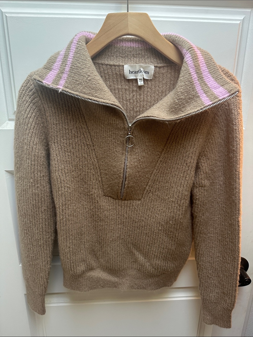 Heartloom Taupe Half-Zip Sweater with Pink Stripe Collar